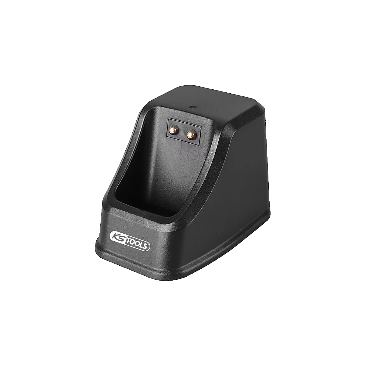 Zwart oplaadstation voor een gereedschap van KS TOOLS. Met twee gouden contacten voor stroomoverdracht.